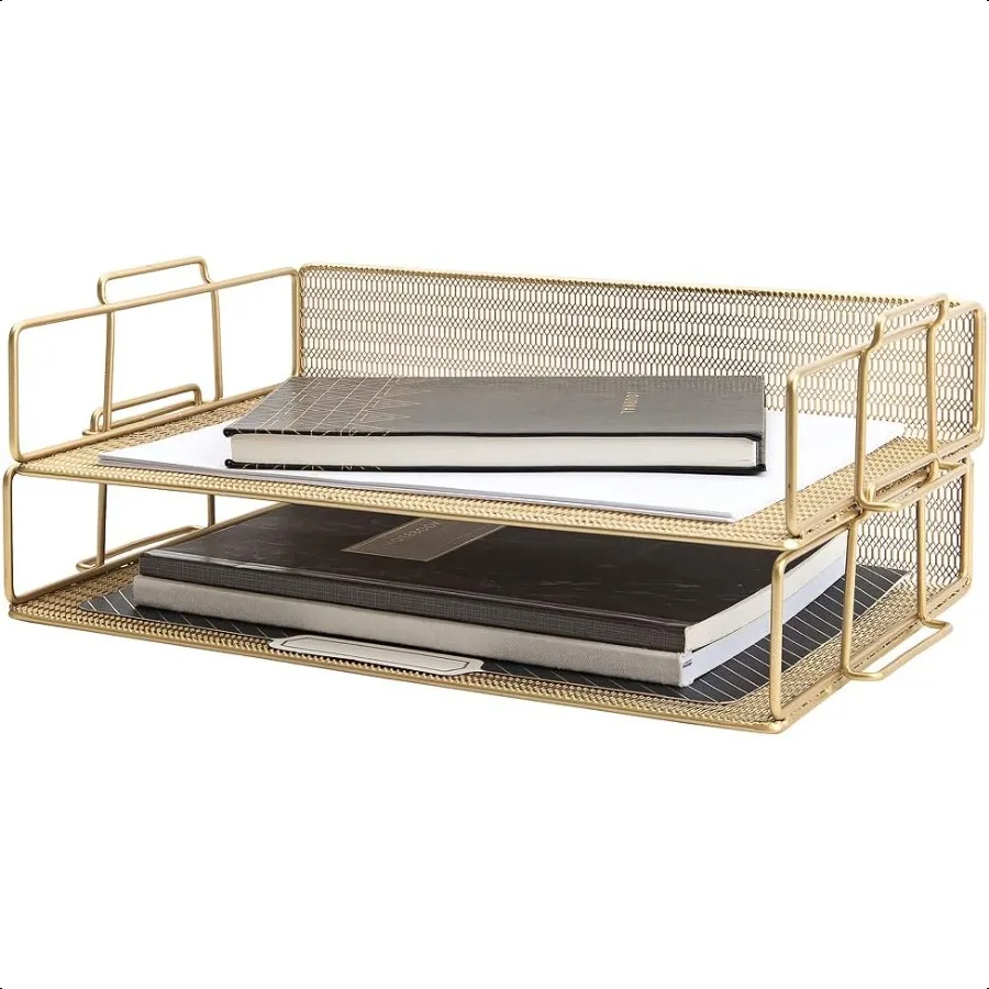 

BLU MONACO Gold Mesh Paper Tray Set of 2 Stackable Letter Trays Durable Metal Desk Organizer for Home Office School Stylish Doc
