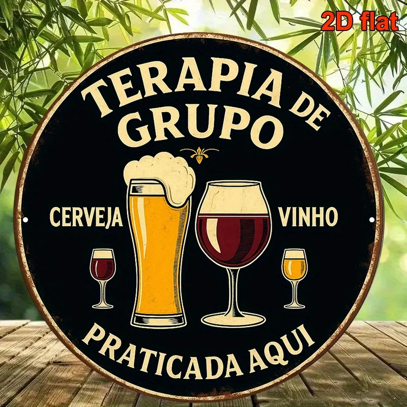 Placa de Metal Redonda de 8 Polegadas em Português e Espanhol - Placa Vintage de Cerveja e Vinho com Frases em Portuñol, Durável