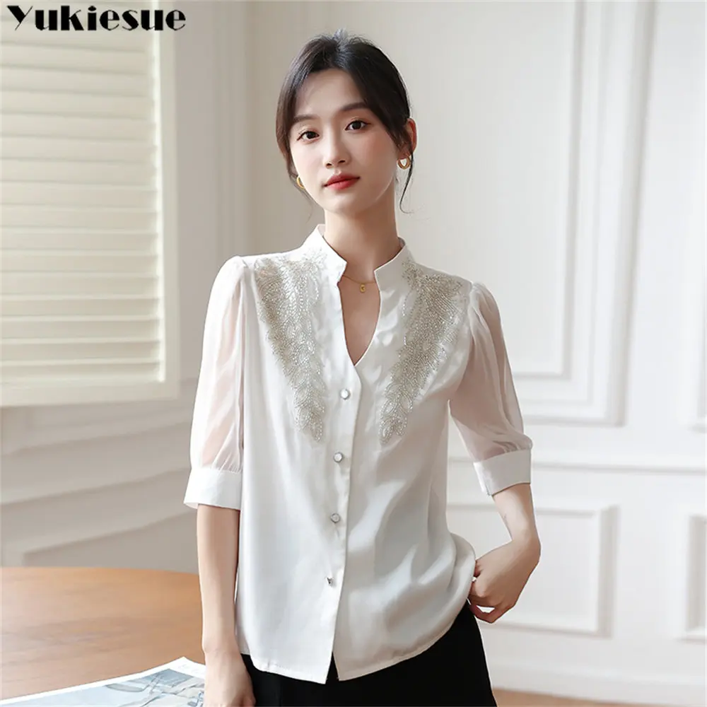 Summer Korean Fashion Elegant V-neck Sequins Diamond Loose Chiffon Shirt Women StandCollar Single-Breasted Half Sleeve Blouse