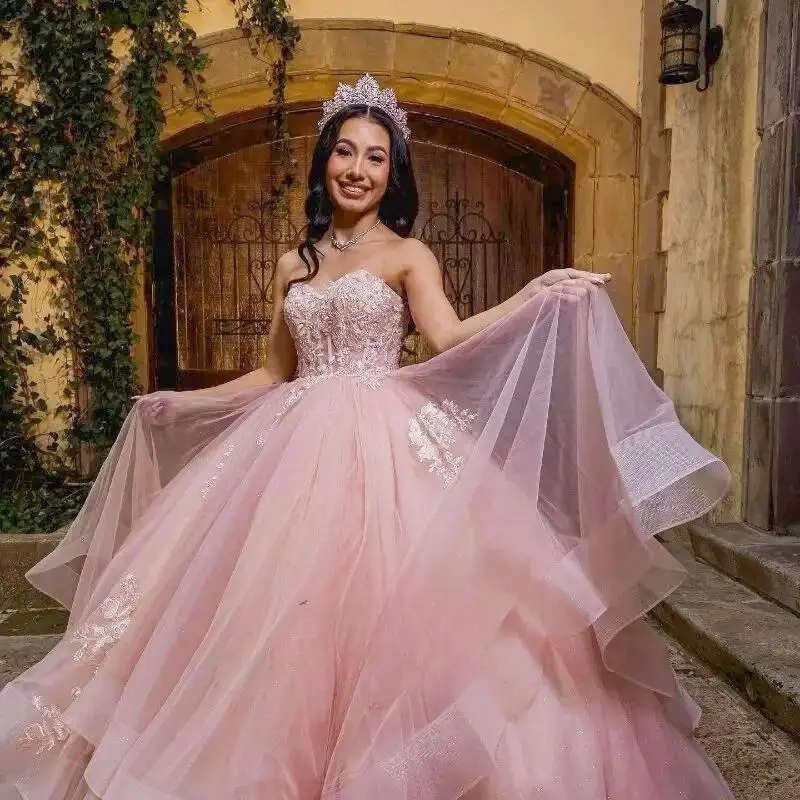 

Princess Tulle Quinceanera Dresses Appliques Sweetheart Sleeveless Tiered Frilled Dress Vestidos De 15 Anos