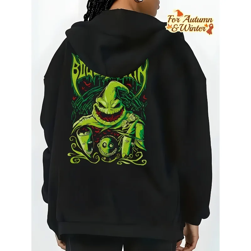 เสื้อฮู้ดมีซิปพิมพ์ลายดิสนีย์ The Nightmare Before Christmas สำหรับผู้หญิง มีกระเป๋าและซิป เหมาะสำหรับฤดูใบไม้ร่วงและฤดูหนาว
