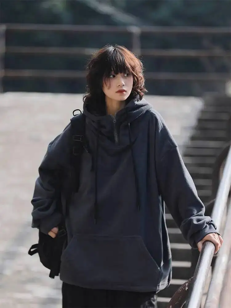 Japanese Retro Fleece Hoodie Women's & Men's Unisex Loose Fit Thickened Pullover Autumn Winter American Style