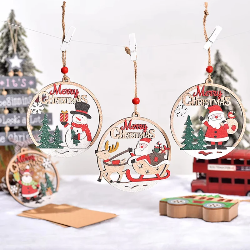 1/4 pieza colgante de Navidad decoración navideña colgante de madera decoración hueca etiqueta de Papá Noel colgante de madera de Navidad