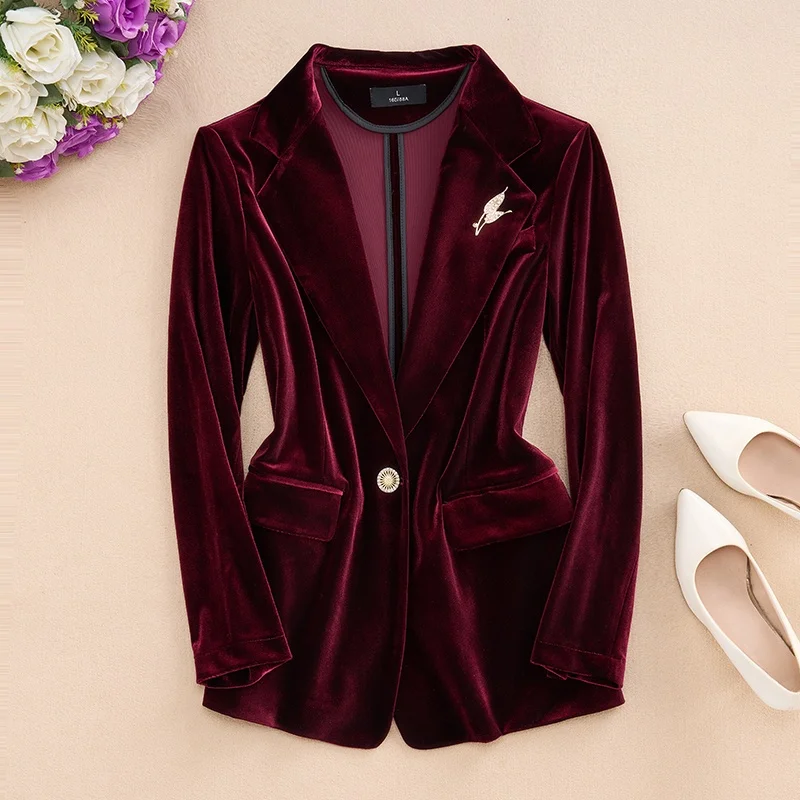 

Red Wine Color Gold Velvet Suit Jaet Women's Autumn 2025 New High-End Slimming Profional Top Trendy Commute Sle