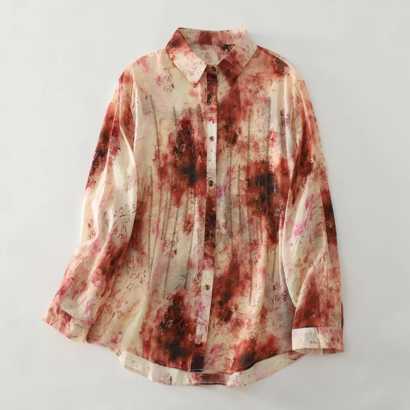 

Chic Streetwear Y2K Red Beige Tie Dye Print Blouse Point Collar Long Sleeve Button Down Shirt Gold Stripe Casual Hip Hop Outfit