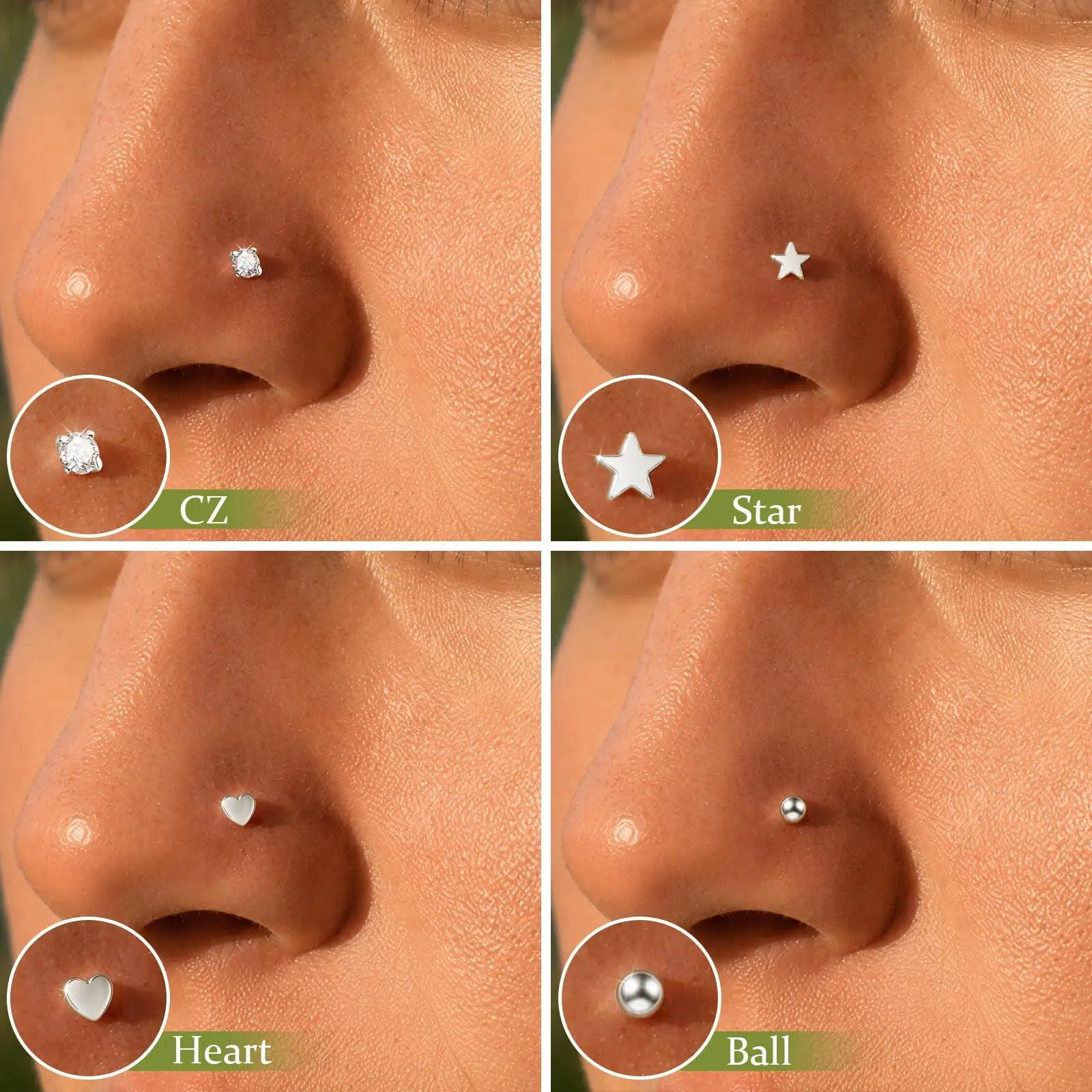 12pcs 20G Nose Rings Studs Corkscrew Piercing Jewelry Small Tiny CZ Screw Nose Stud Heart Star Opal Nose Ring for Women Men