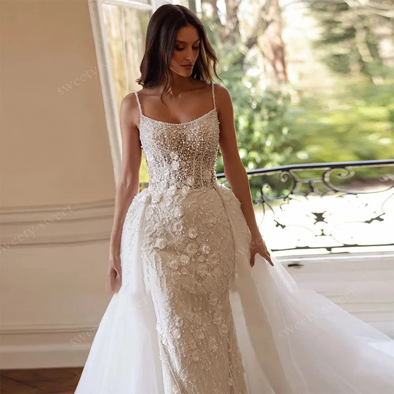 Detachable Train Wedding Dress Romantic Embroidered With Bead Mermaid Ballgown Sleeveless Squarecollar Customized Bride Dress