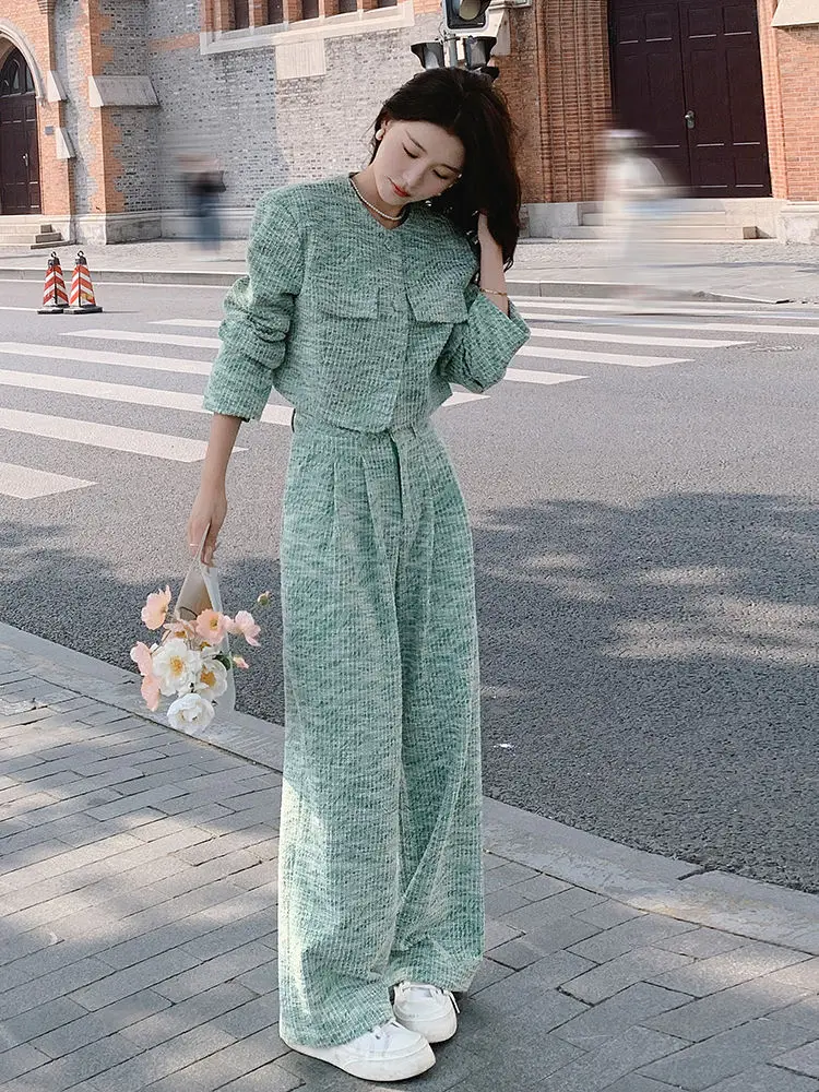 

2024 Spring/Autumn Green Sweatsuit French Luxe Hoodie + Wide Leg Pants Set Women's Elegant Casual Two-Piece Outfit High-End