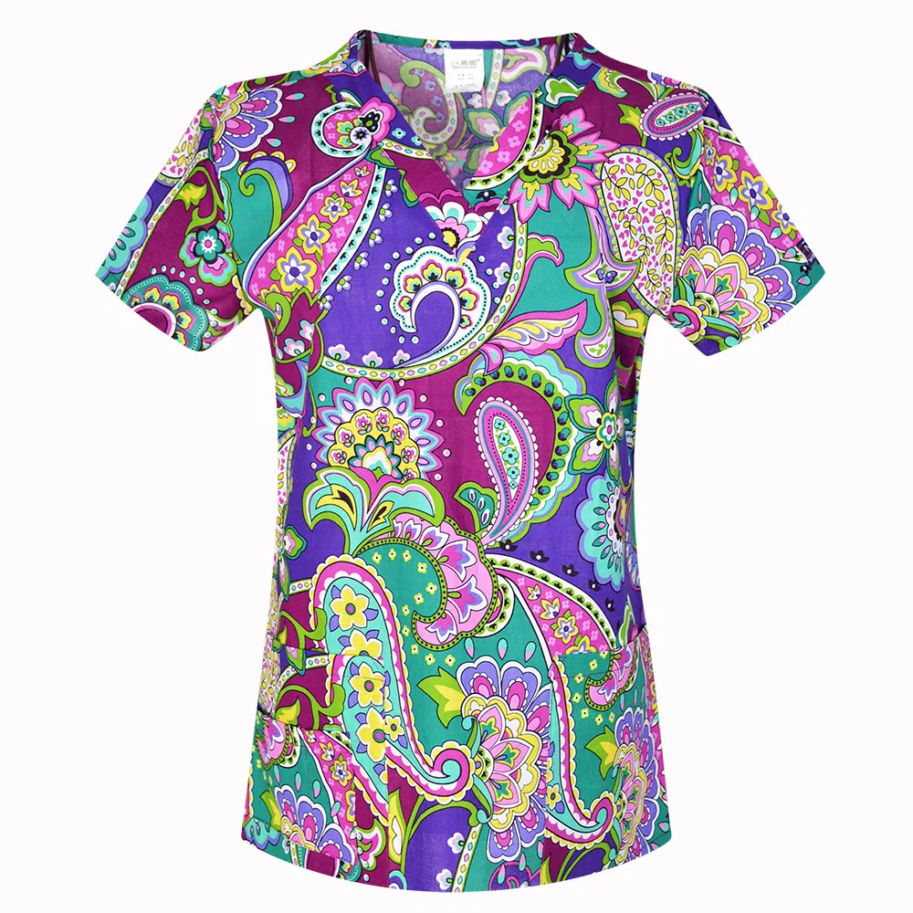 Hennar hoge kwaliteit print scrub uniform voor dames van 100% katoen 4 zakken, XXS-5XL medische scrub tops