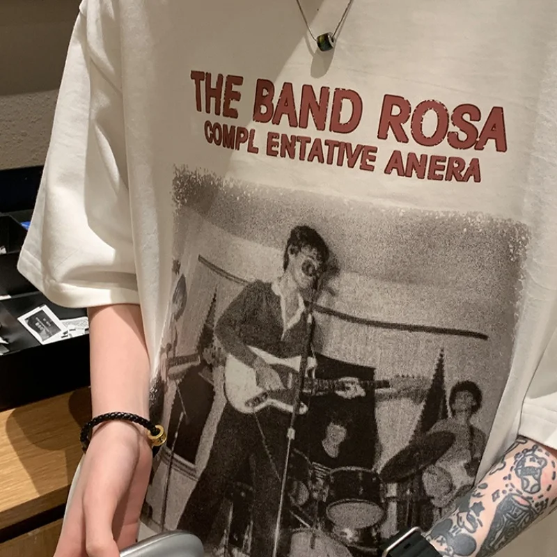 Męska koszulka oversize z nadrukiem w stylu hip-hopowym, luźny krój, modna koszulka na lato, casualowa koszulka o luźnym kroju.