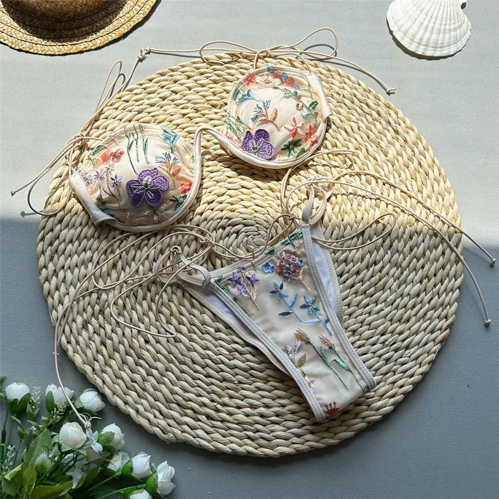 

НОВИНКА 2026: Купальник-бикини с завязками, бежевый, с блестящей цветочной вышивкой, микро-бикини с эффектом пуш-ап, сексуальный комплект для женщин