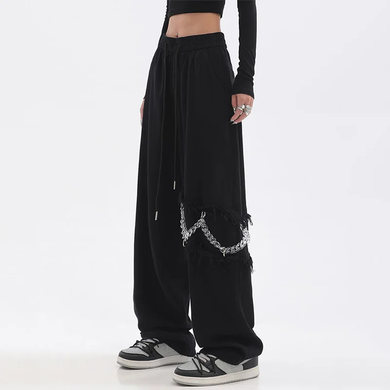 High Street Hip Hop Oversize Black Pants Women New Streetwear Vintage Spliced Chain Elastic Waist Loose Straight Casual Trousers