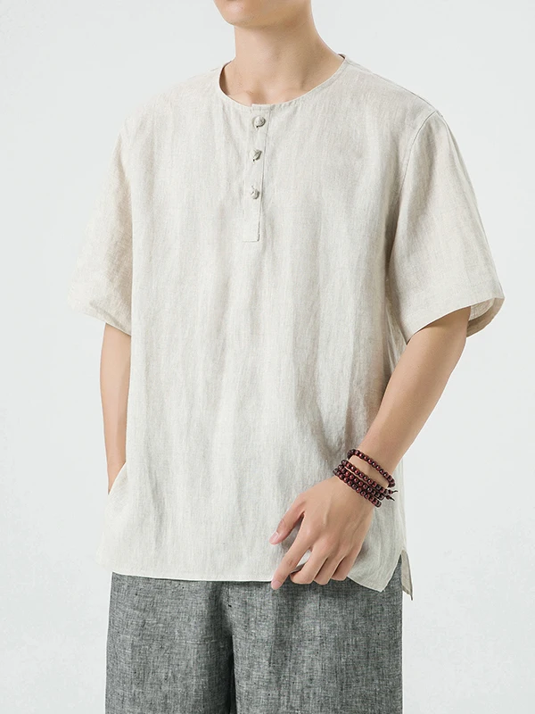 

Loose Fit Linen Cotton Blend ort Sve T-irt Breathable Thin Summer Top Chinese Sle Men's Casual Wear Large Size