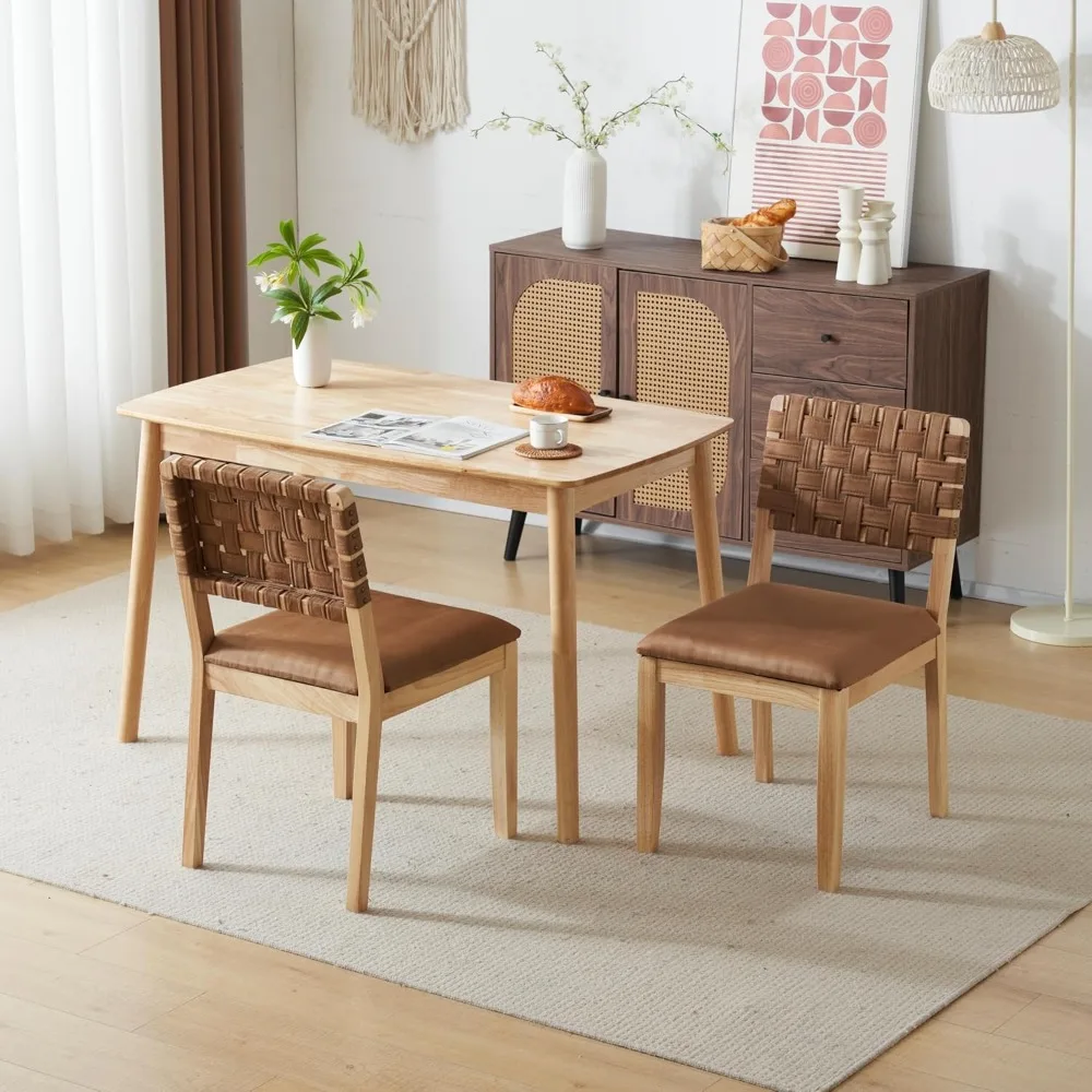 

Brown Woven Wooden Dining Chairs Set of 2,Armless Mid Century Modern Desk Chairs with Rivet&Foot Pegs,Upholstered Farmhouse Com