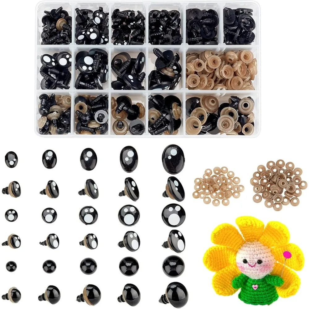 324pcs Safety Eyes, 15 Styles Kawaii Craft Eyes Round Plastic Craft Eyes Black Stuffed Eyes with Washers for Amigurumi,