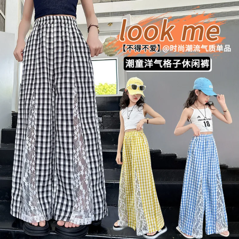Korean Children Harajuku Summer Straight Plaid Pants with Lace Slit Kids Girl High Fashion Streetwear Trousers 5 7 9 11 13 14 Y