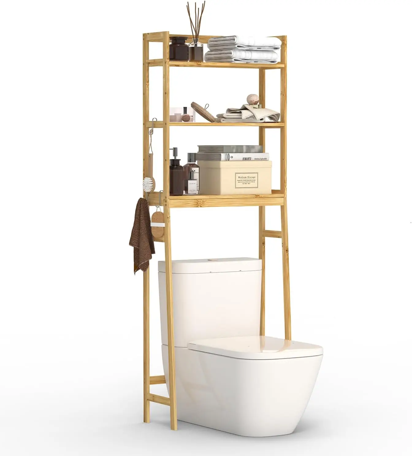 

Over The Toilet Storage Rack, 3-Tier Over The Toilet Storage Shelf with 3 Hooks, Freestanding Above Toilet Bathroom Organizer