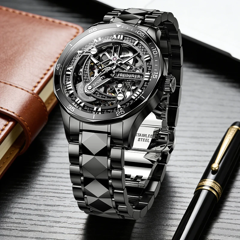 LIGE FeelNever uxury Mechanical Watches for Men Top Brand Skeleton Stainless Steel Band Waterproof Automatic Movement Man Watch