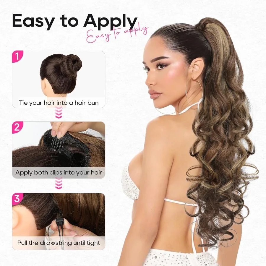 وصلة شعر على شكل ذيل حصان طويلة مجعدة ومموجة بطول 26 بوصة للنساء مع لون بني شوكولاتة داكنة ويبرز مثالية لـ D #6