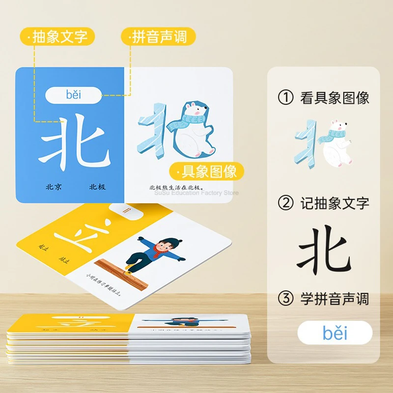 Chinese Pinyin Card Characters Picture Enlightenment Double Hanzi Learning Age Literacy Card Children's Kindergarten 100 Words