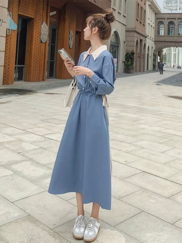 สลิมมิ่งยาว Sve irt Dr ผู้หญิงฤดูใบไม้ผลิฤดูใบไม้ร่วงใหม่ Sle สี Blo เอว Cinched Casual Universal Fit อื่นๆ