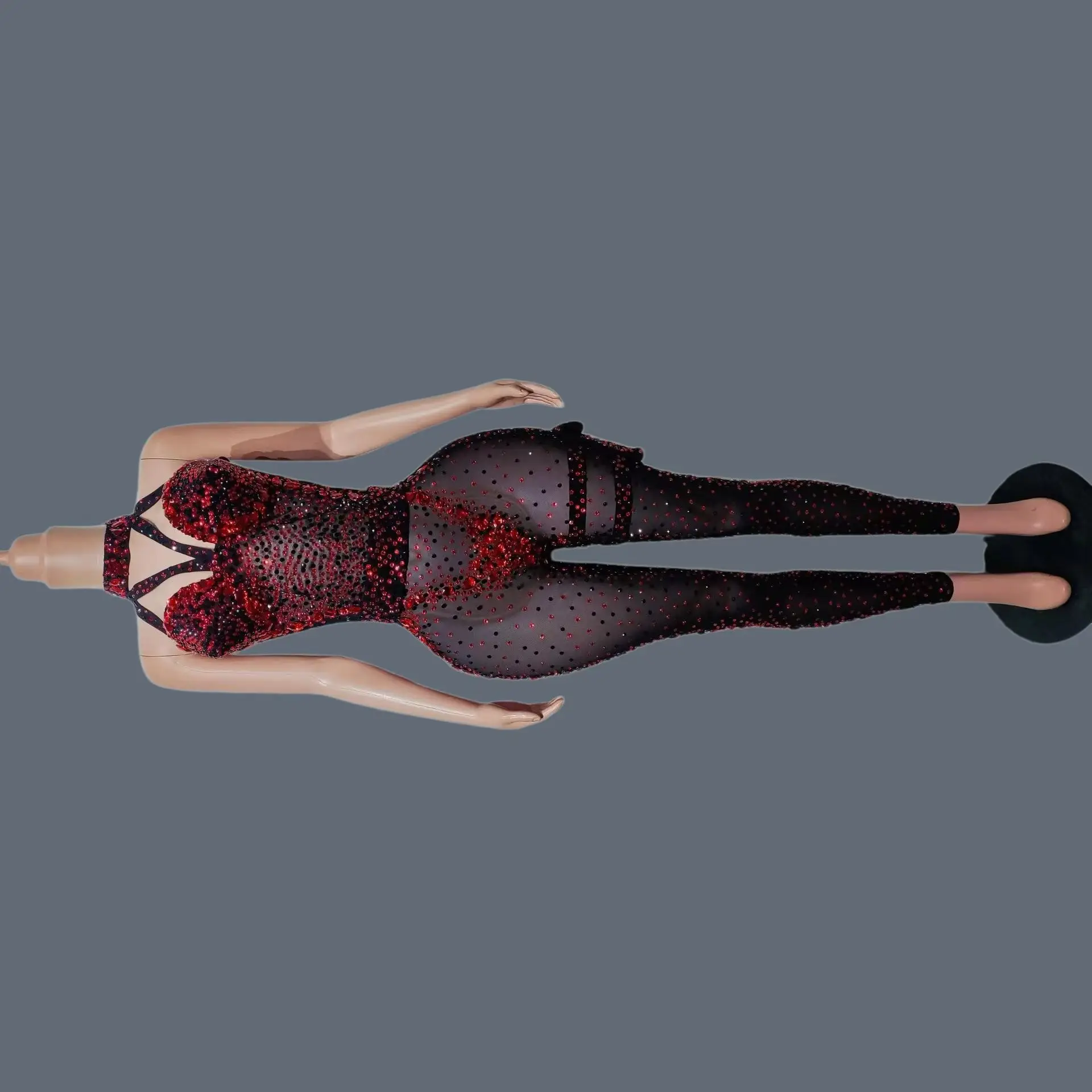 Women Halter Black Mesh Jumpsuit Sparkly Red Rhinestone Sheer Mesh Skinny Pants Singer Dancer Stage Performance Wear Xinghong