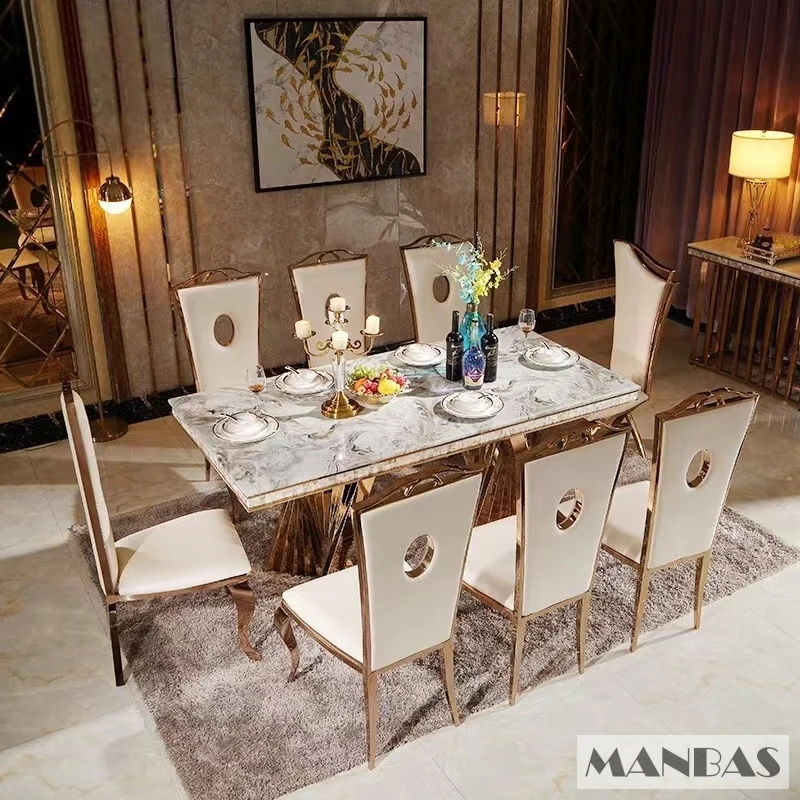 Linlimlam Luxury Dining Set: 6 Stainless Steel Genuine Leather Chair and Rectangle Marble Sea Shell Table Kitchen Room Furniture