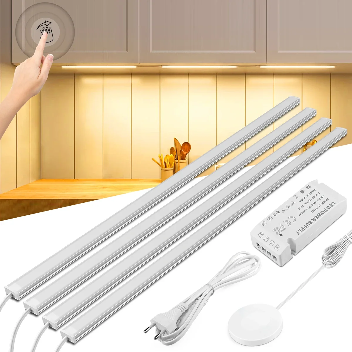220V EU Dimmable Touch Sensor Switch LED Bar Light Tube Set 1-6PCS Integrated Lighting For Cabinet Wardrobe Closet Showcase Deco