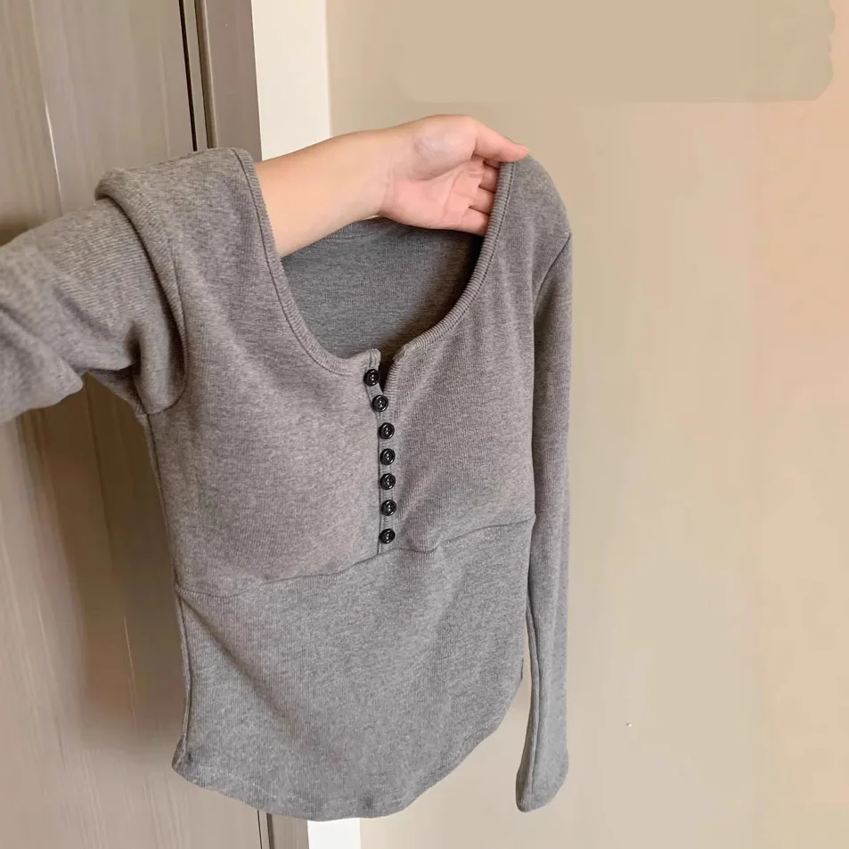 2026 New Unique Leisure Showing Body Spice Girl Solid Color Shoulder Long-sleeved Autumn and Winter Inner Bottoming Shirt