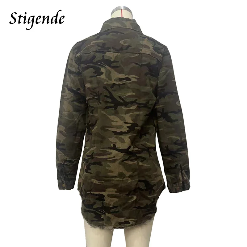 Stigende Ripped Green Camouflage Jacket Women Single Breasted Lapel Neck Distressed Coats