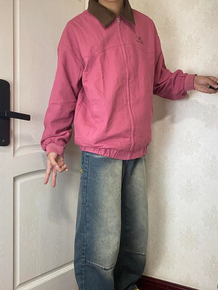 

Мужская бейсбольная куртка из чистого хлопка в американском стиле, свободного кроя, весенне-осенняя, с вышивкой в клетку, воротником-стойкой, в стиле Детройт, для пар.