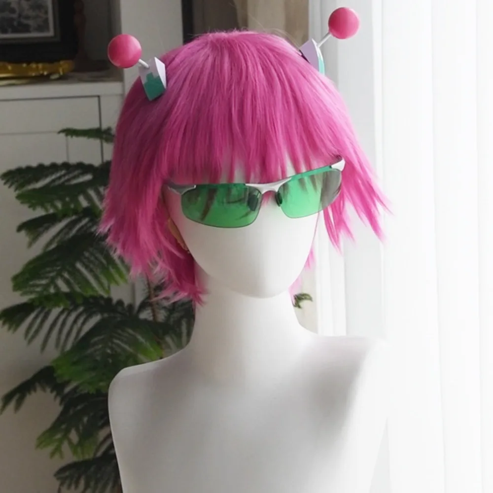 

Saik Cosplay Wig Rose Pink Short Heat Resistant Synthetic Hair Anime Role Play Green Glasses Wigs Tentacle Hair Clip Wig Cap