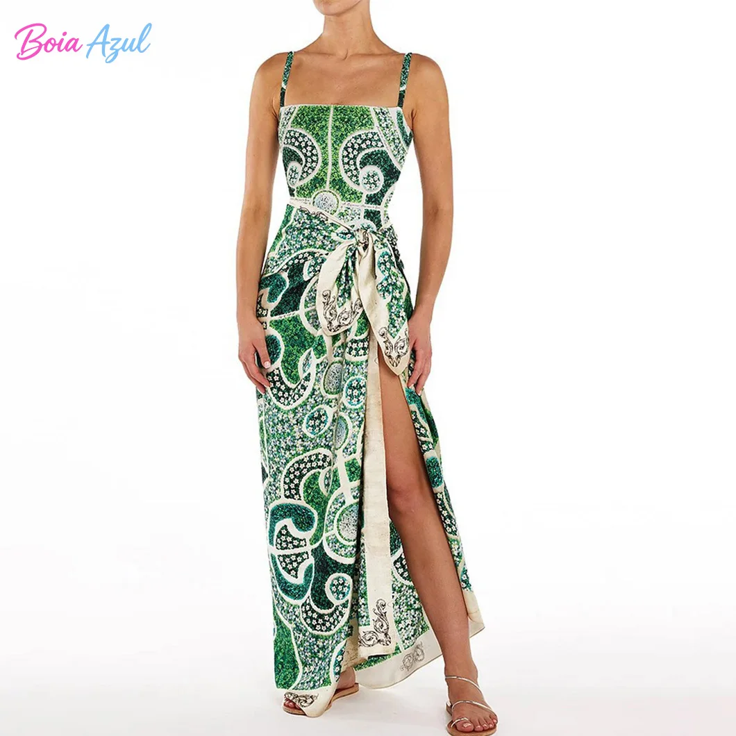 

Boia Azul - Green Print One-Piece Swimsuit Slim Shoulder Belted Body-Conforming Beach One-Piece Swimsuit Sexy Ladies' Swimsuit