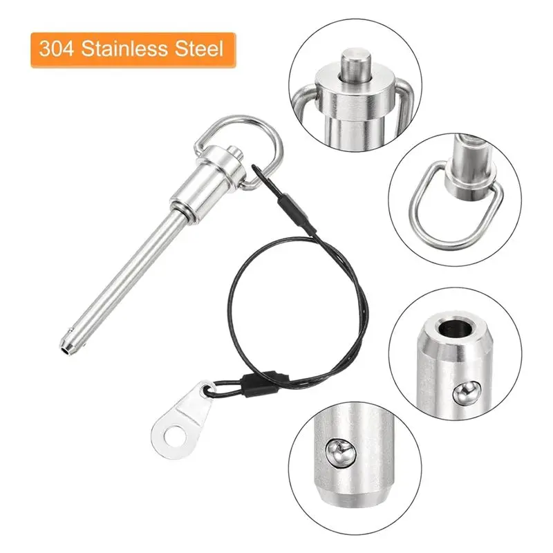 AS60-Quick Release Pin Set(2 Pieces), 6X50mm(Dia. X Length) Stainless Steel Push-Button Ball Locking Pins With Wire Ring Handles