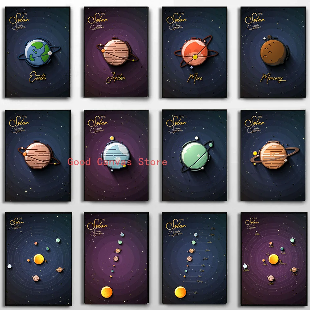 Solar System Flat Canvas Painting Neptune Mercury Uranus Posters and Prints Wall Art Pictures Gifts for Living Room Home Decor