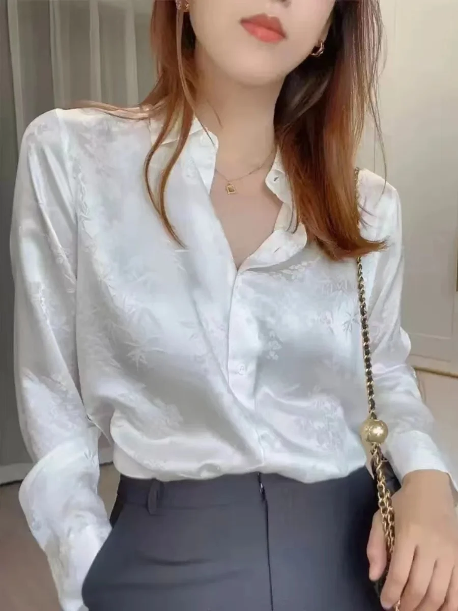

Ele White irt for Women with Subtle Pattern Design High End Career Top Polyester Long Sve Straight Cut Collar