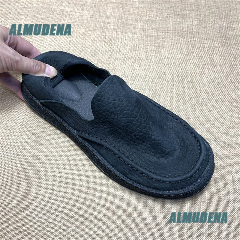Men Black Leather Slip On Loafers Thick Rubber Sole Casual Loafers 2-Way Wear Foldable Heel Casual Shoes Autumn Men's Shoes