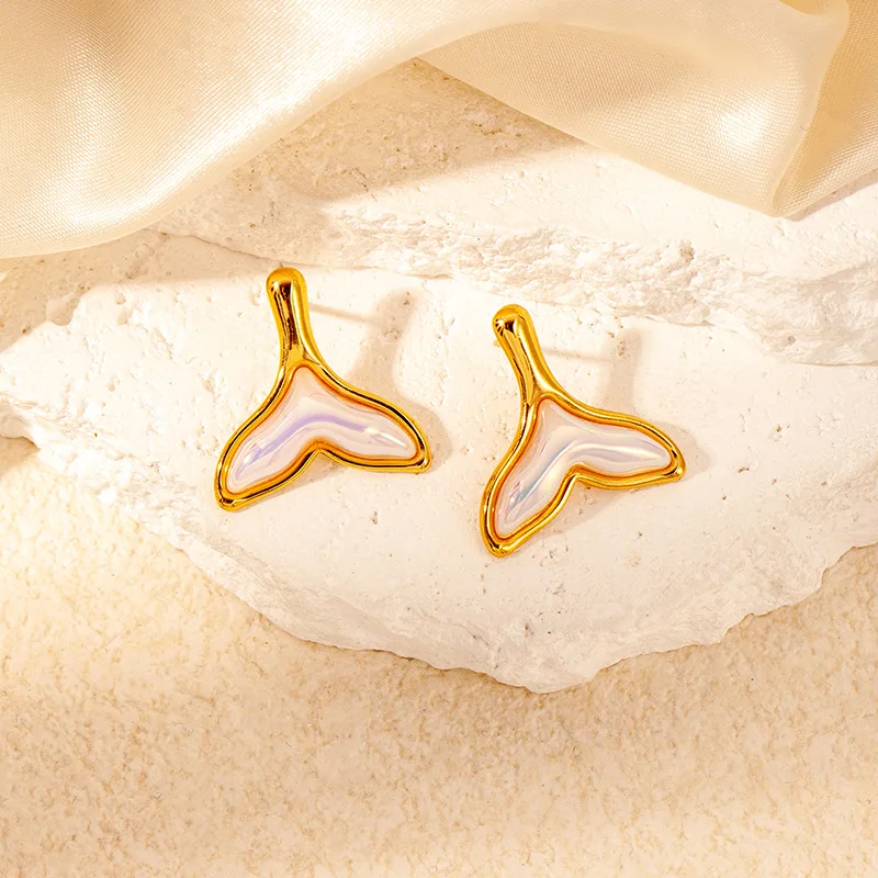 أقراط مرصعة بنمط الحوت المحيط البسيط للنساء ، فولاذ مقاوم للصدأ 316L ، مجوهرات راقية ، لآلئ راتنج مدمجة ، موضة جديدة ، #5