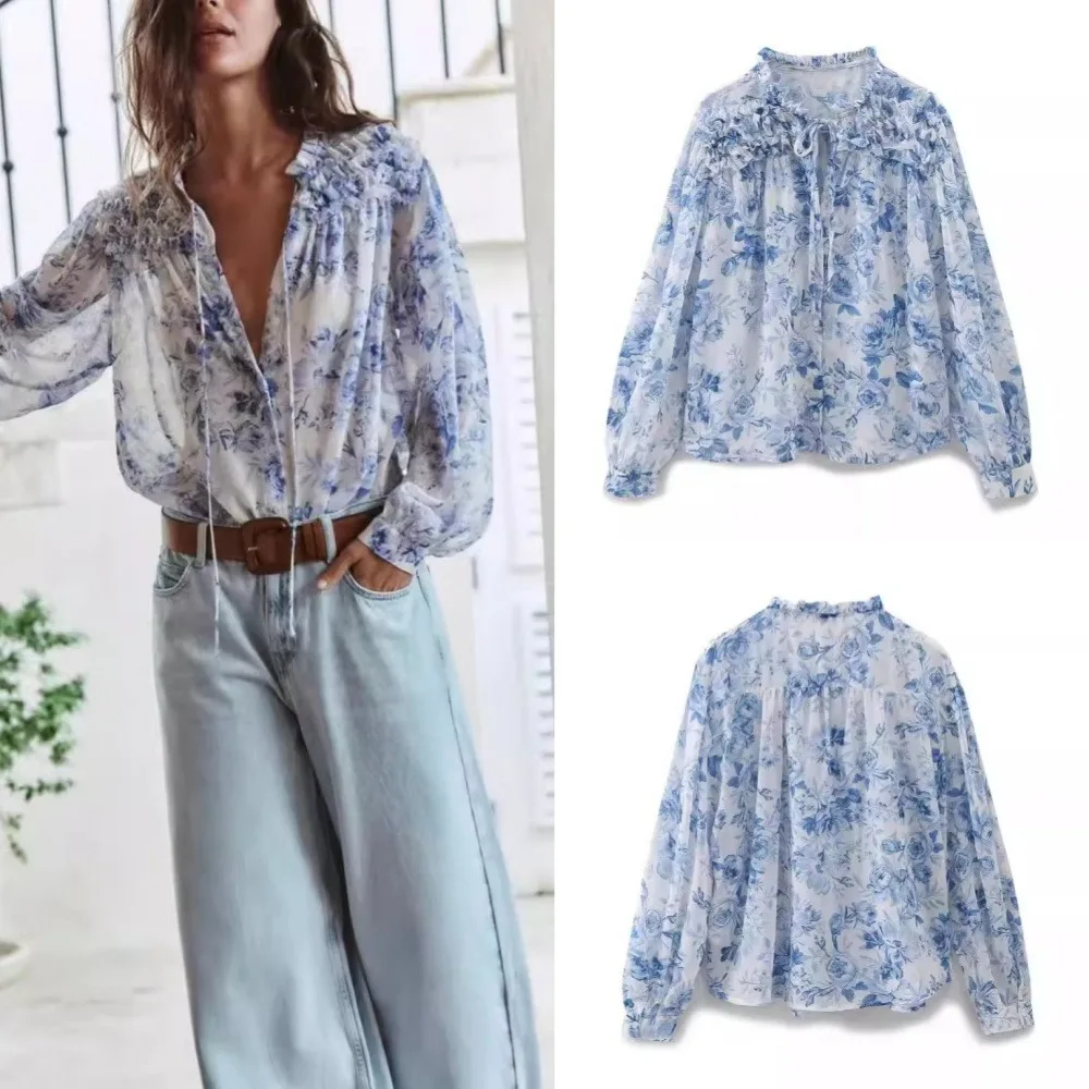 

Spring and Autumn Female New Chic Casual Ruffled Floral Print Single Breasted Blouse Woman Long Sleeve Lace Up Decoration Shirts