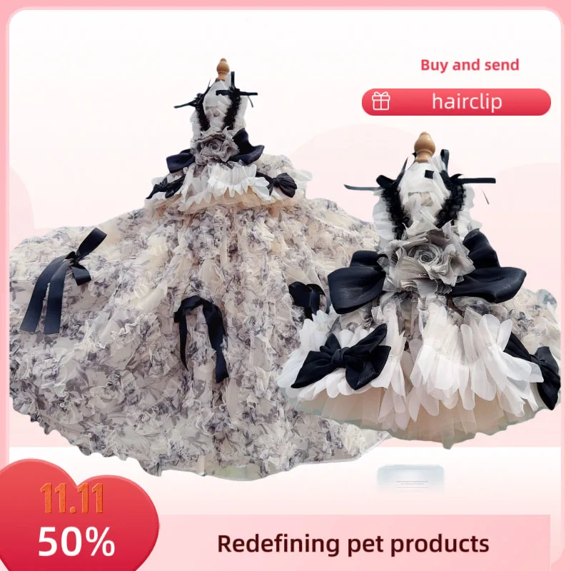 

Pet dog clothes Lolita style dress with detachable bow handmade lace all-season wear for small doll clothing Costume for dog