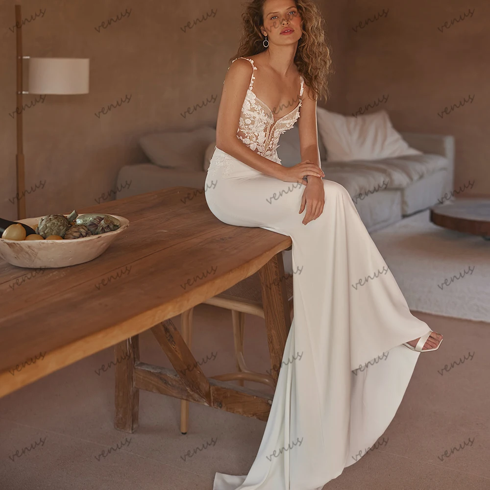 

Sexy Wedding Dresses Satin Bridal Gowns Lace Appliques Sleeveless Backless Robes For Formal Party Vestidos De Novia Customized