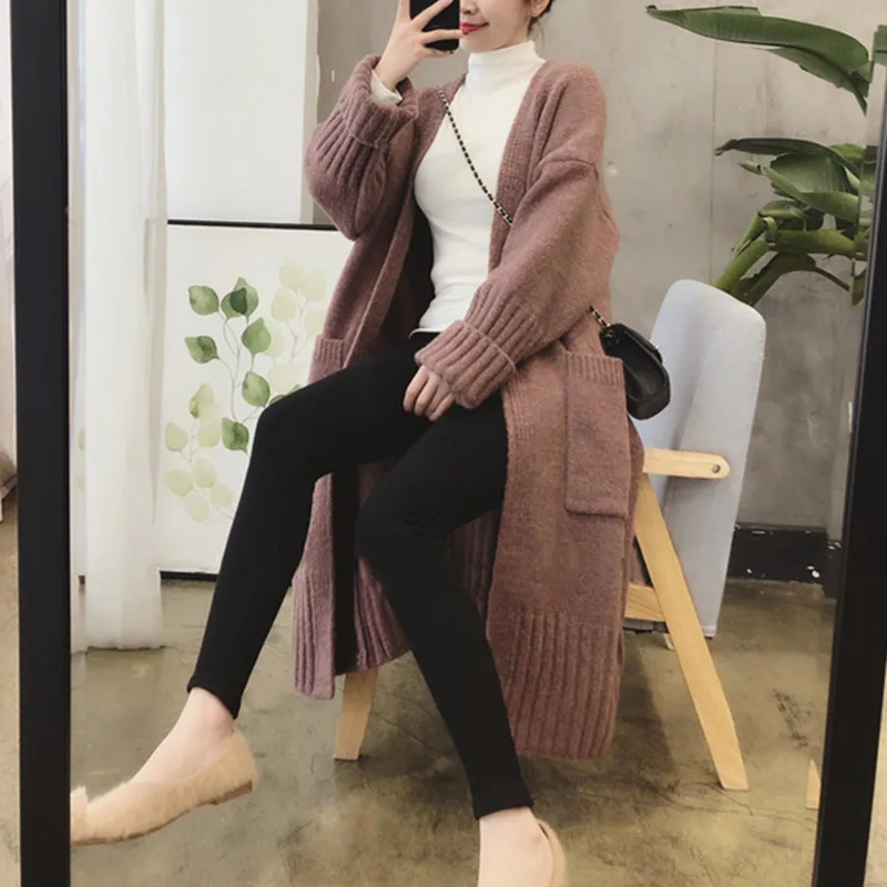 Knitted Cardigan Solid Color Loose Commuting Long Sweater Autumn Winter Plus Size Jacket LX142