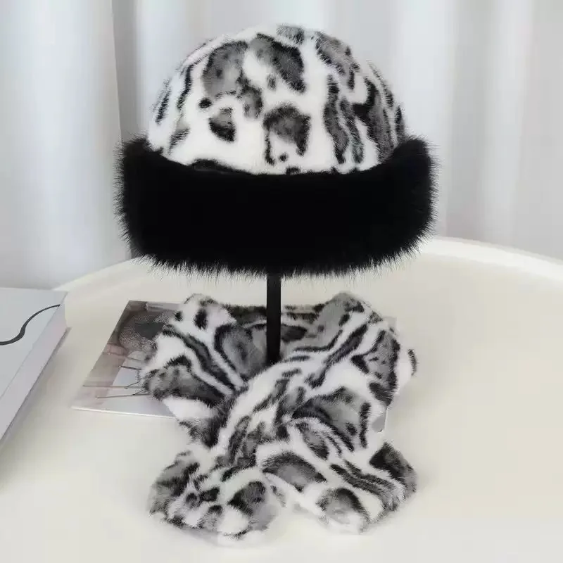 2 pcs Autumn Winter European American Imitation Mink Fur Fashion Versatile Leopard Print Hat Scarf Set Warn Hats And Neck Warmer