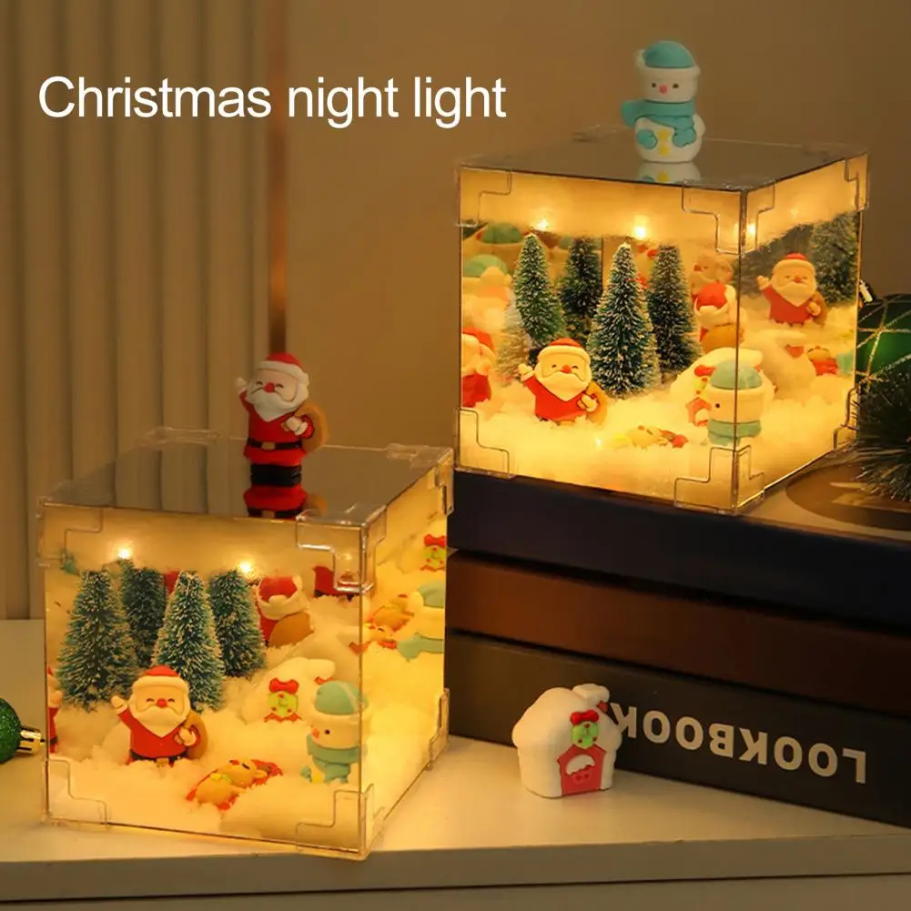 Christmas Snow Scene Night Light，USB Powered DIY Crafts Project，Santa Claus Snowman Snowscape Mirror Cube Lamp，Desktop Decor