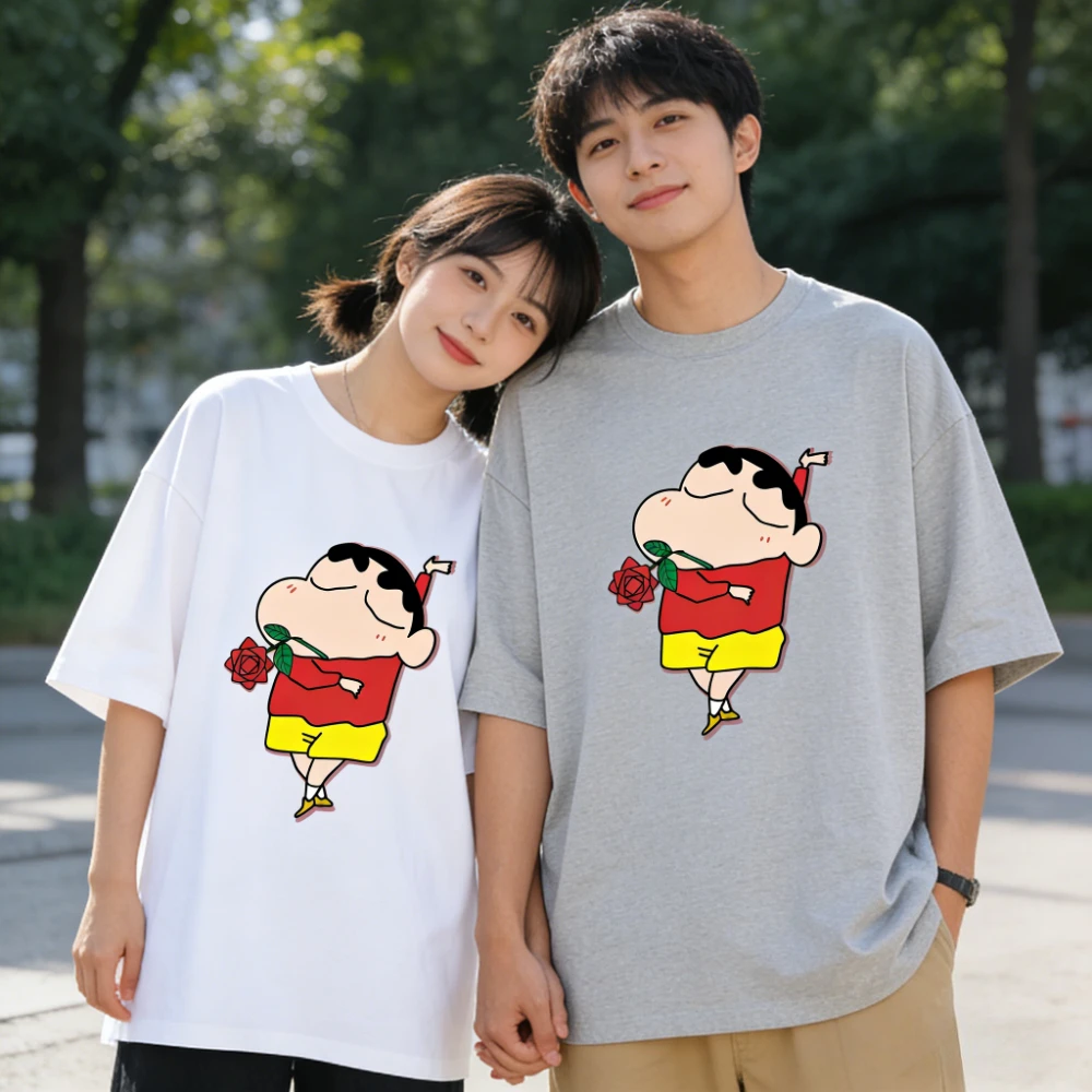 Crayon Shin Chan Couple Rose Print Casual T Shirt Cute Anime Short Sleeve Tee Streetwear Daily Wear