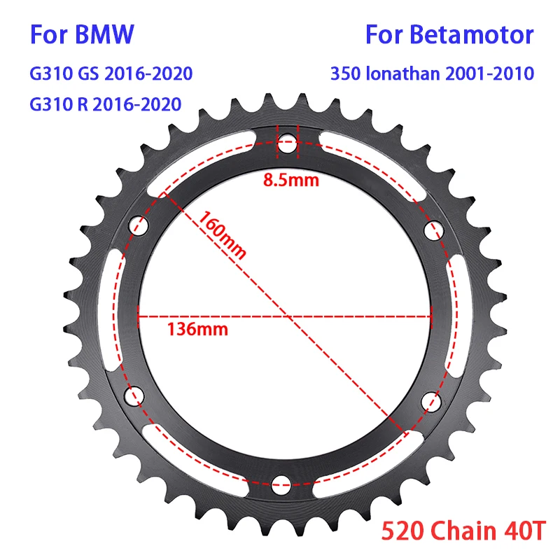 

Motorcycle 520 Chain 40 Teeth T Rear Sprocket 40T For BMW G310GS G310R G 310 GS R 2016-2020 For Betamotor 350 lonathan 2001-2010