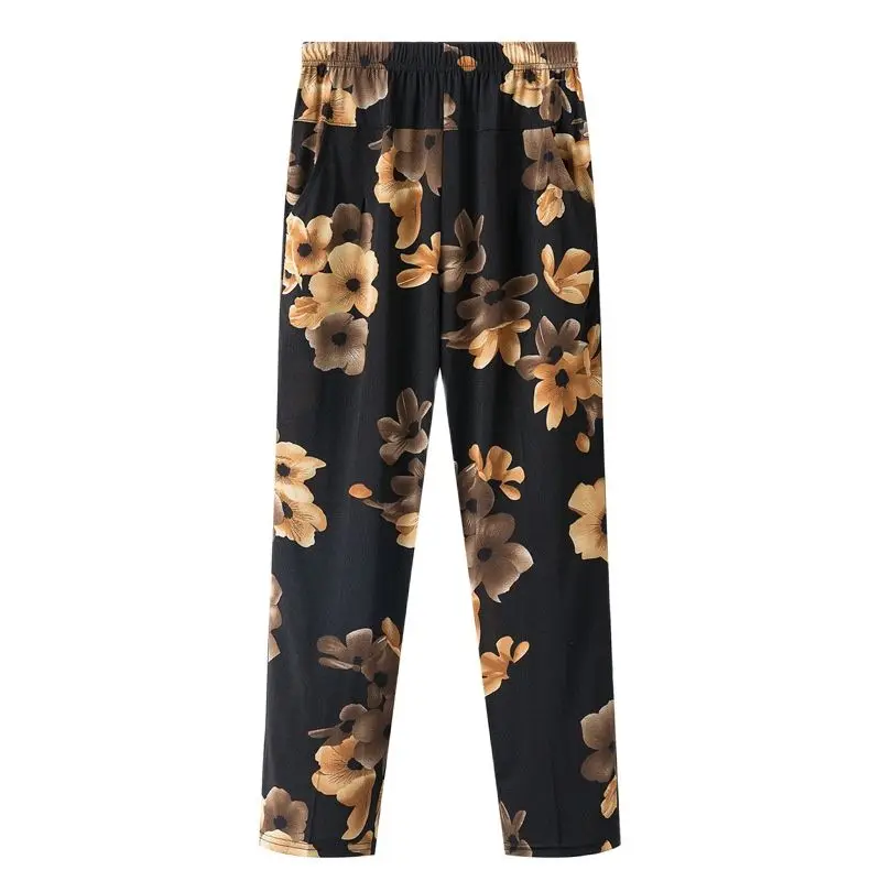 XL-8XL Women Summer Pants 2023 New Fashion Print Thin Ice Silk Straight Pants Middle aged Female High Waist Elastic Casual Pants