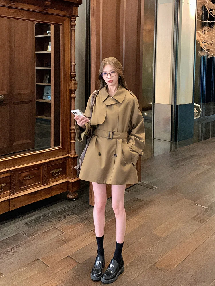 

LINGLAI цвета хаки ort повседневное женское пальто с двумя рядами пуговиц весна осень маленький размер для поездок на работу свободный крой обычный све