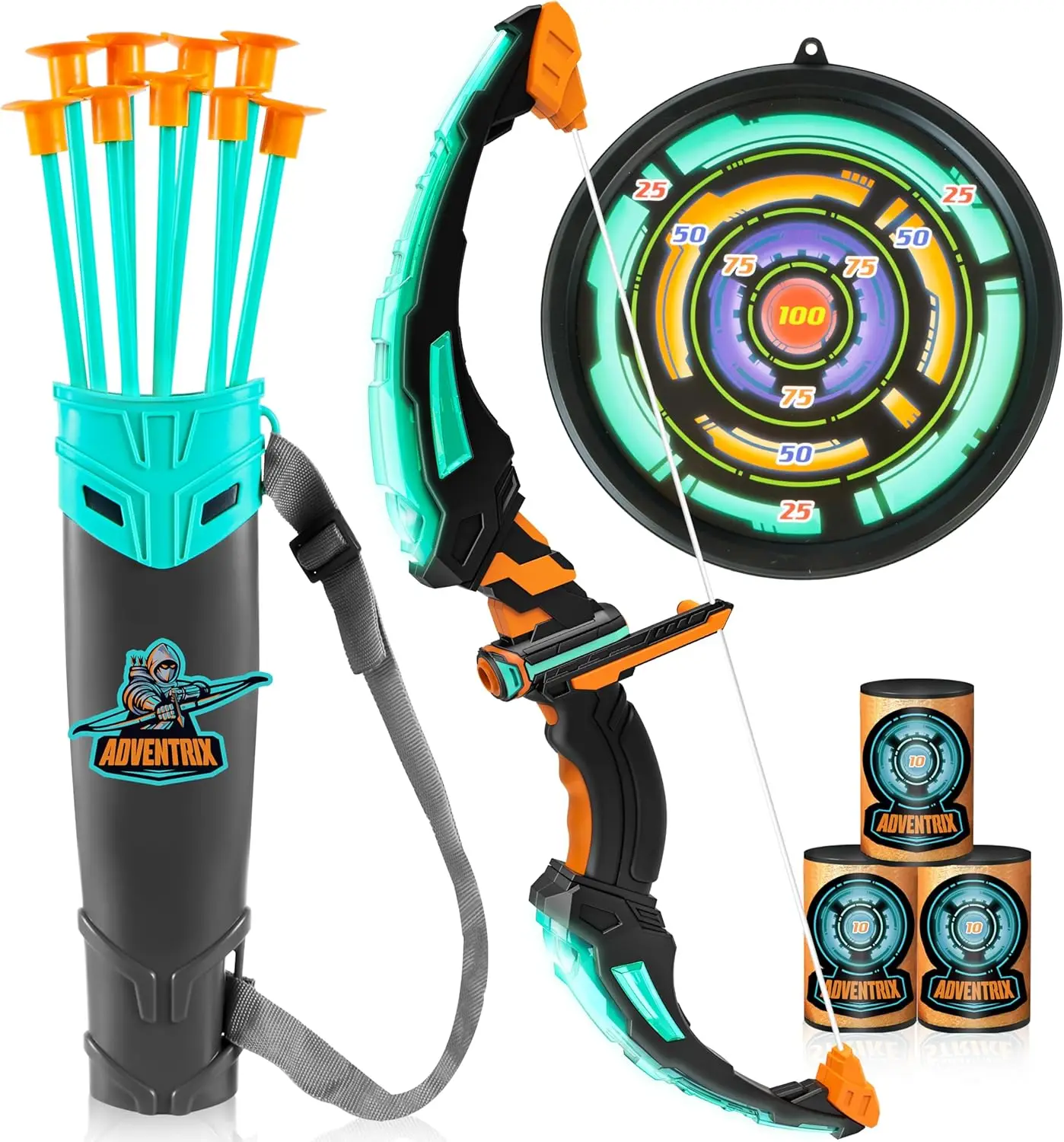JOYFY Kids Bow and Arrow Set LED Light Up Archery Toy With 9 Suction Cup Arrows Target for Kid Ages 6-12 Outdoor Play Gift