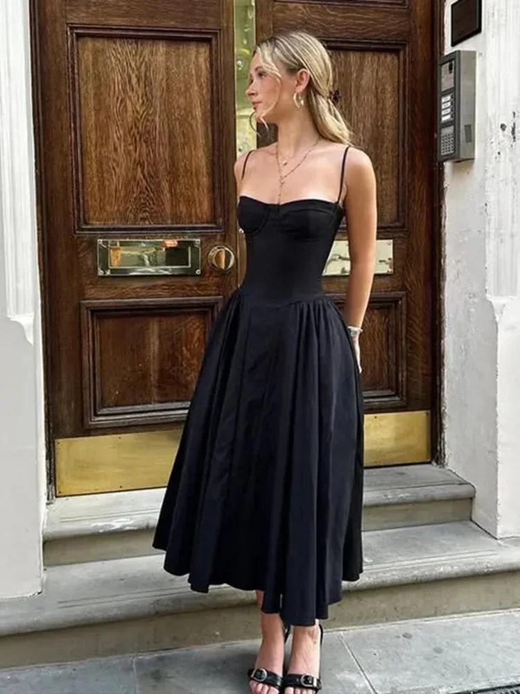 Elegant สปาเก็ตตี้ชุดผู้หญิง Retro Retro Party Slim สายชุดฤดูร้อนใหม่ปิดไหล่ Lady Vestidos